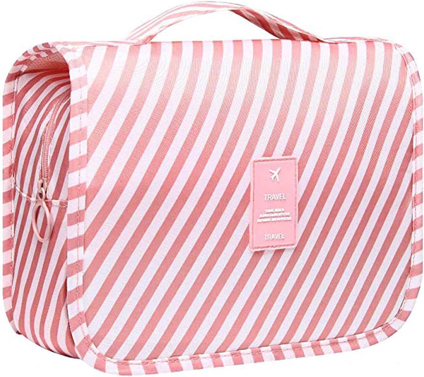 Travel Toiletry Bag, Hanging Toiletries Wash Bag Makeup Cosmetic Organizer Bags for Women Girls Kids Waterproof Foldable (Pink Stripes)