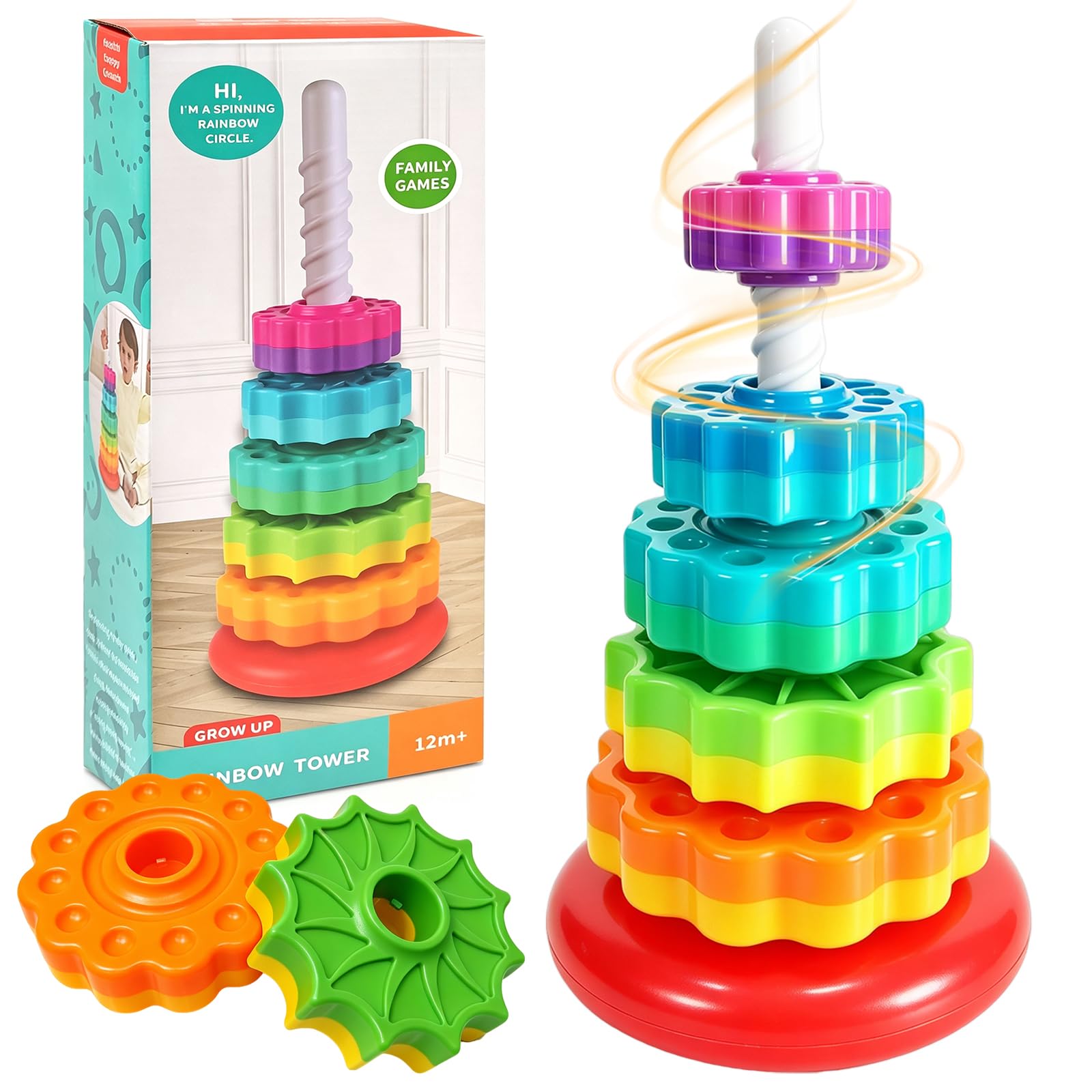 Spinning Stacking Tower, Sensory Spinner Rainbow Gears Stacking Rings Toys