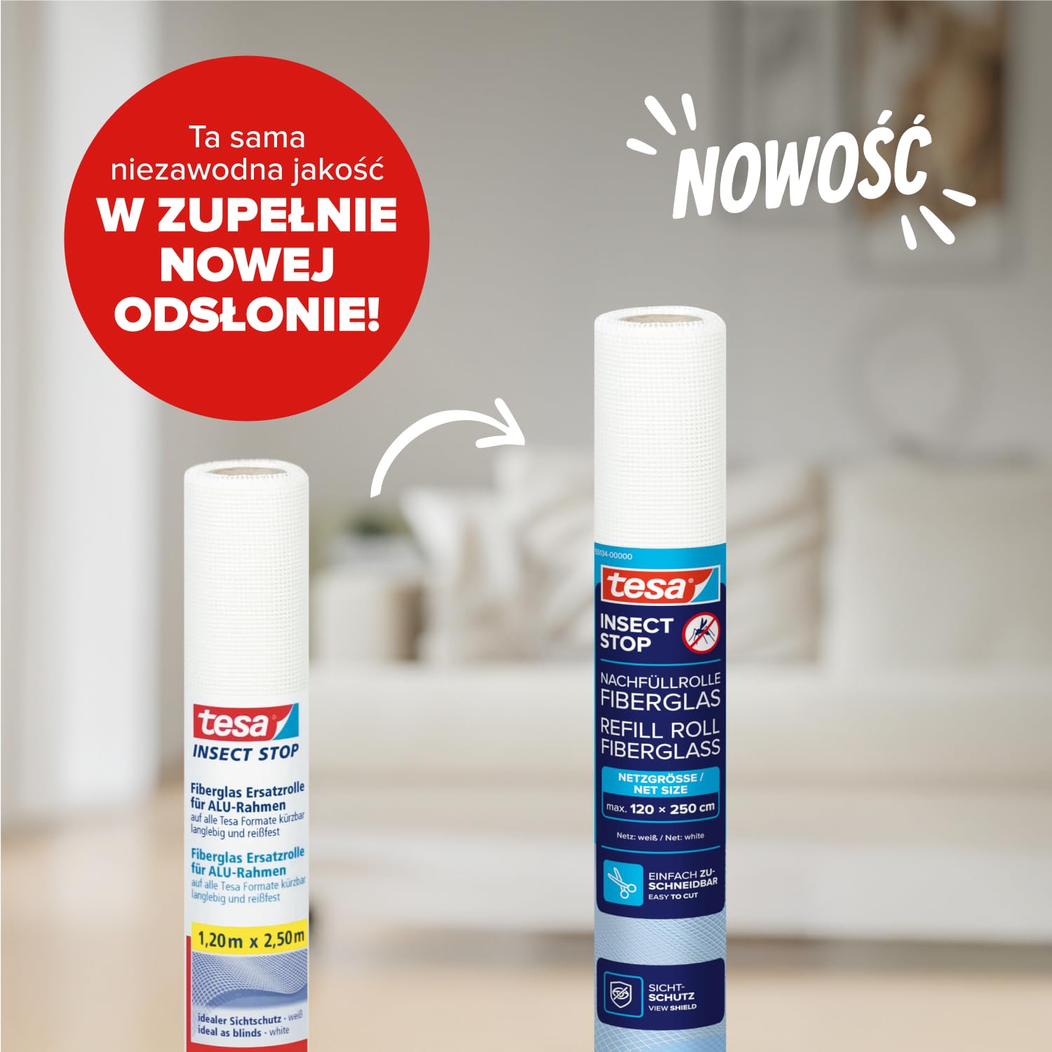 tesa INSECT STOP Refill Roll Fiberglass - rolka wymienna z siatką z włókna szklanego do moskitiery - 120 x 250 cm, biały (lekka prywatność)