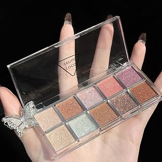 Glitter Eyeshadow Palette, Shimmer Eye Shadow Pallets for Women Long Lasting, 10 Colours Glitter Eye Make-Up Palettes, Gold, White, Pink Highly Pigmented Eye Shadow Palette for Girls Make Up