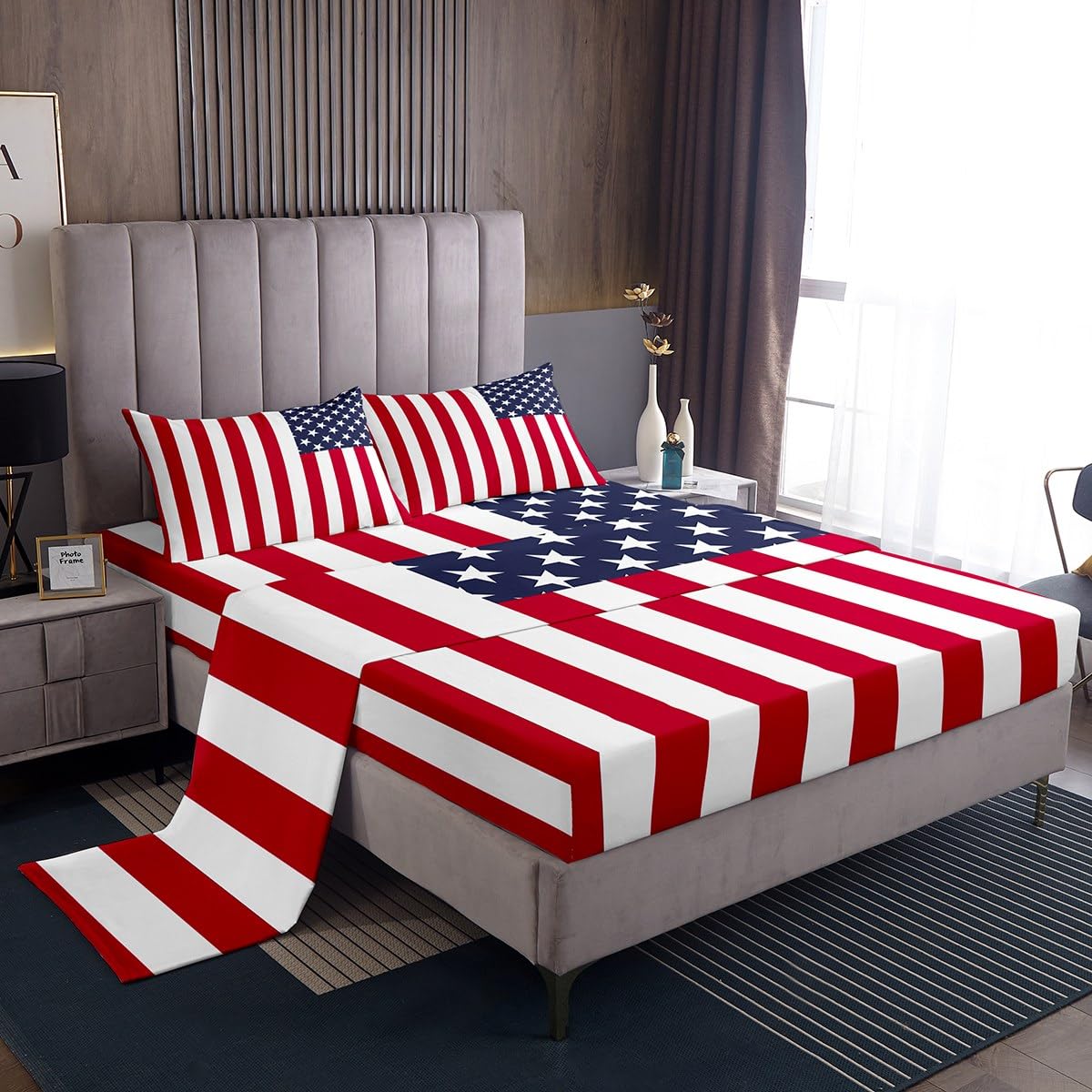 jejeloiu American Flag Fitted Sheet Queen Size Kids Bedding Set for Boys Girls Teens Red White Blue Bed Sheets Set