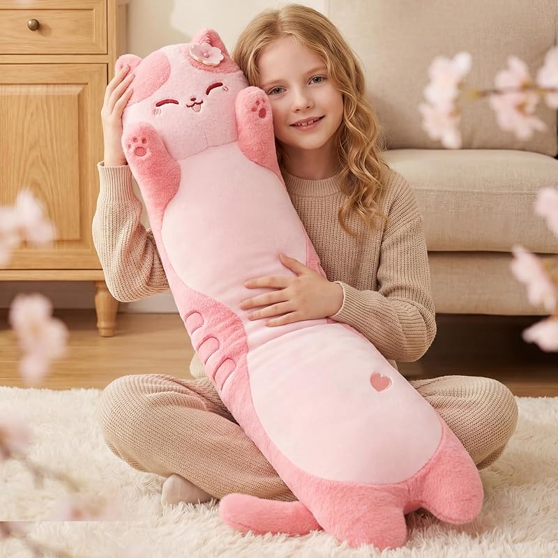 Mewaii Künstlerisch entworfenes ultraweiches Langkatzen-Kuschelkissen, extra Füllung für Komfort, Premium-Stofftier als Geschenk für Freundin oder Katzenliebhaber 110CM