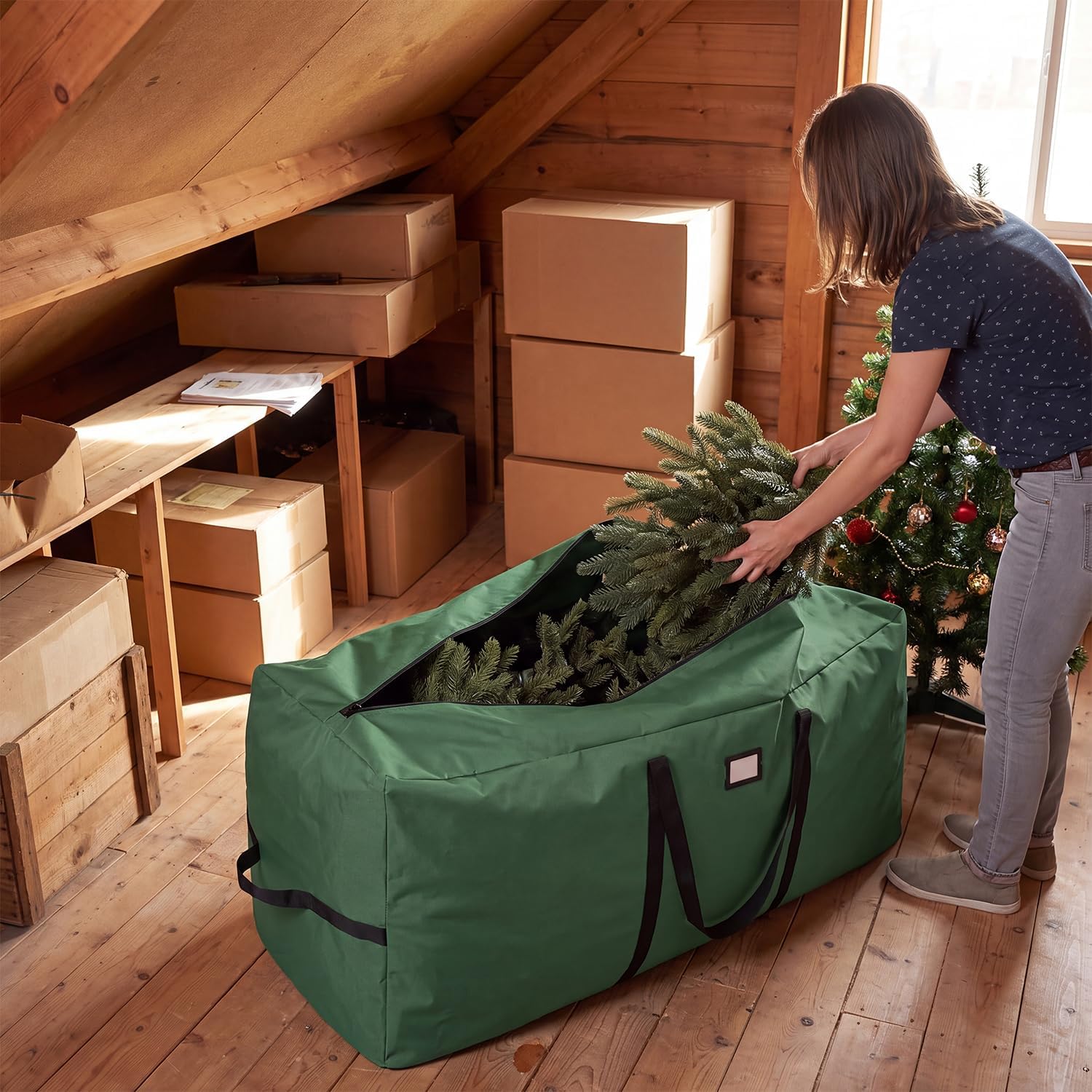 Christmas Tree Storage Bag for Trees Up to 9 ft, Heavy-Duty 900D Oxford, Water-Resistant Holiday Organizer with Dual Zippers, Reinforced Handles and Label Card Slot (Light green)