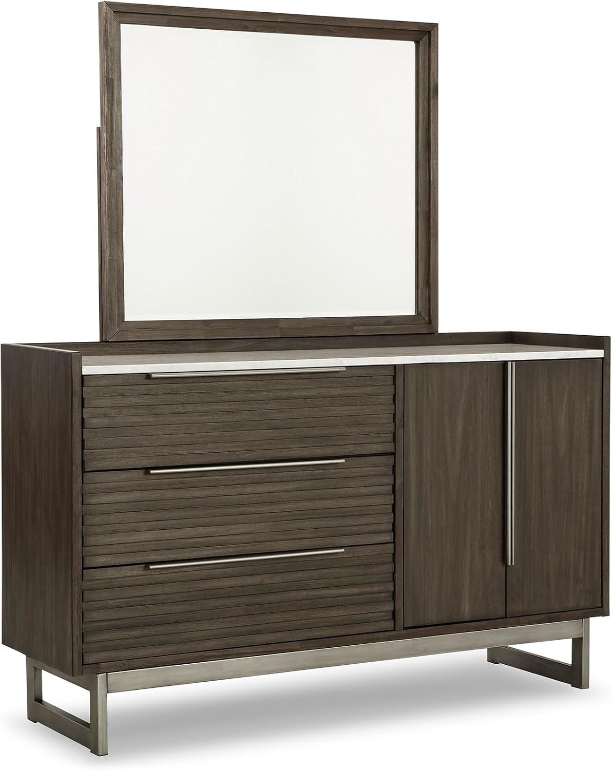 Signature Design by Ashley Marble Top Dresser with Mirror, Grayish Brown | Rubberwood, mango veneer, and engineered wood dresser set with mirror, Sturdy metal frame, Arkenton Series