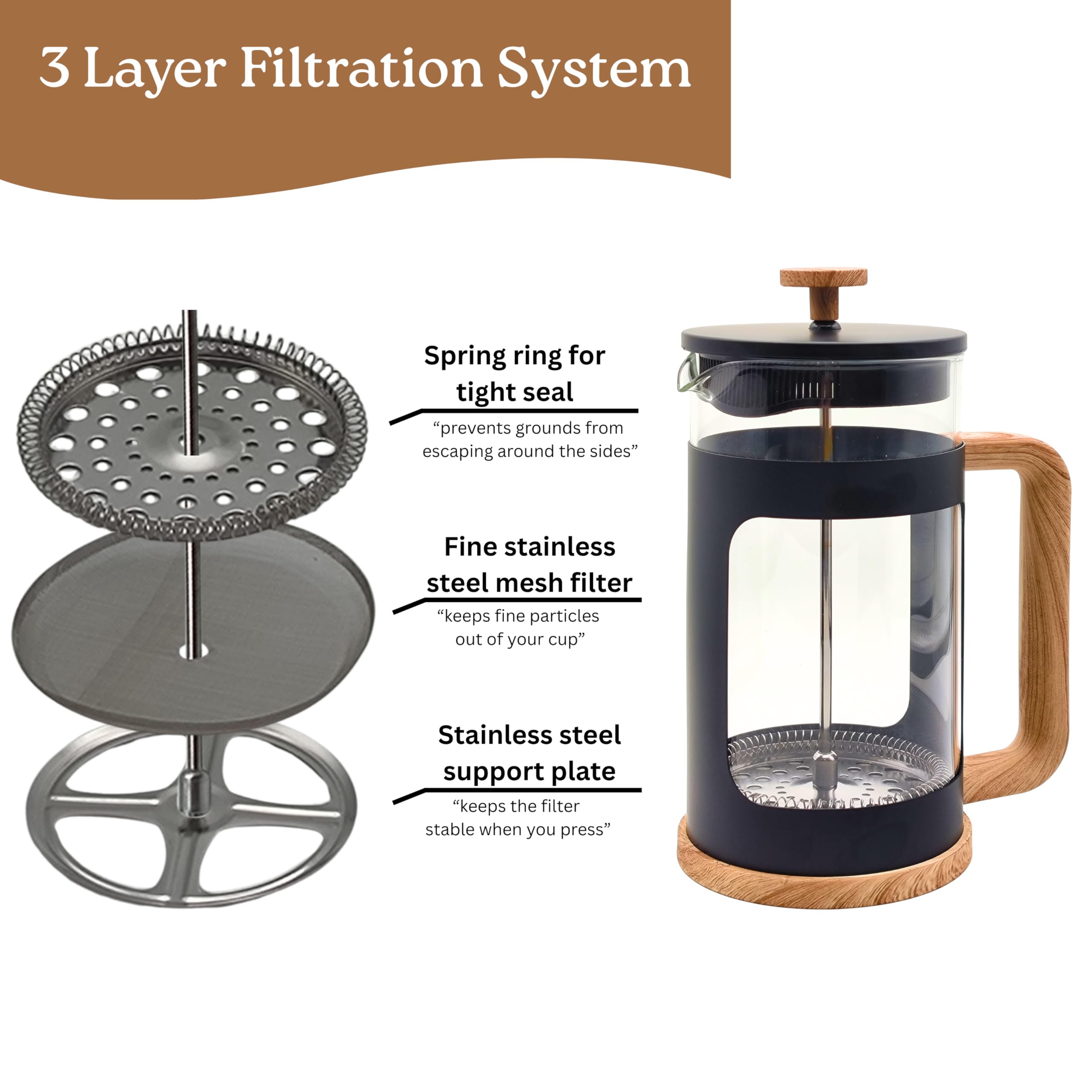 Generisch French Press 1L – Kaffeebereiter aus hitzebeständigem Glas, Edelstahlfilter (feinmaschig), mattschwarz, Griff in Holzoptik, bis zu 4 Tassen (à 250 ml)