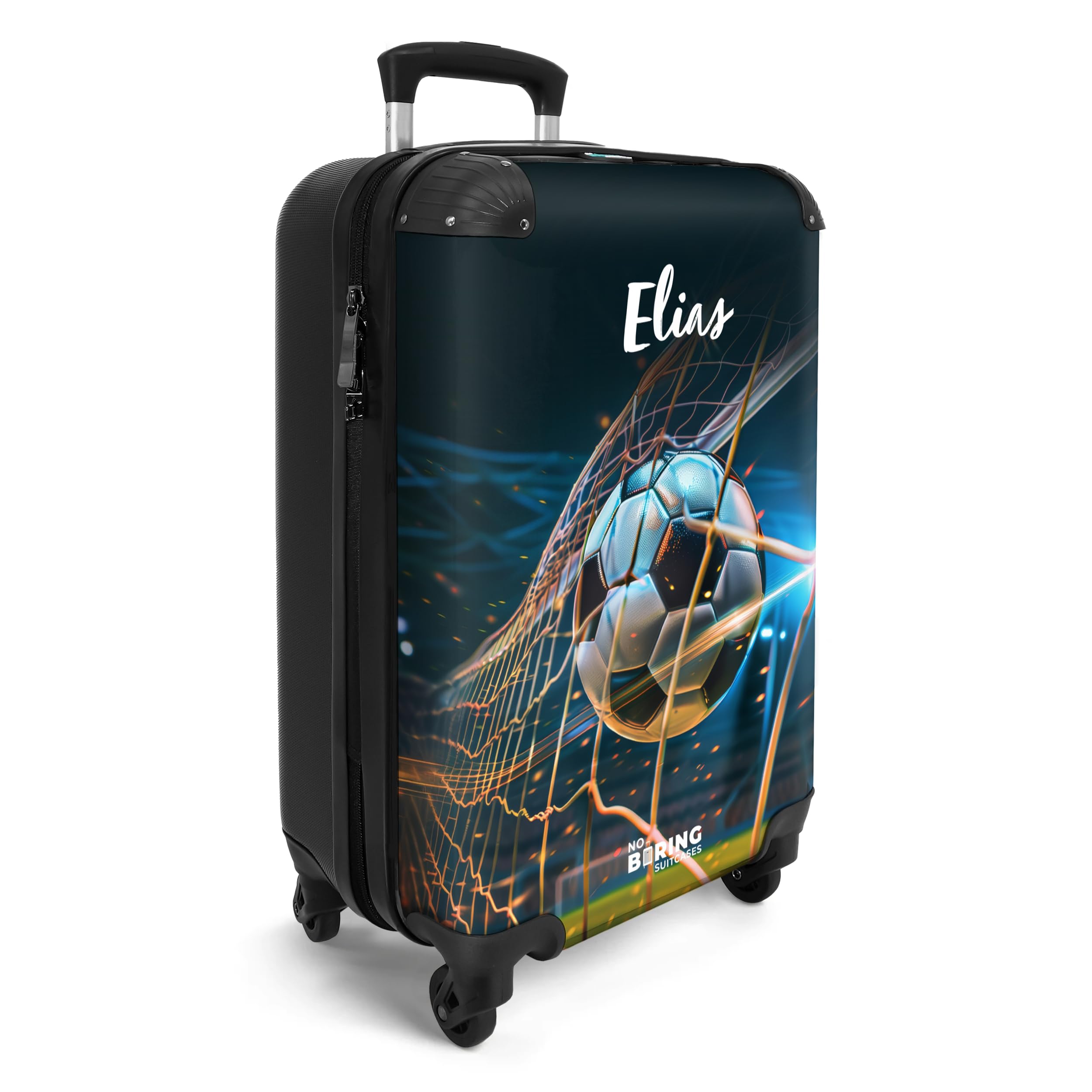 NoBoringSuitcases.com Kinderkoffer, Koffer Personalisiert, Kinderkoffer Jungen, Kindergepäck, Reisekoffer, Koffer Klein Mit Rollen, Kindertrolley Jungen, Handgepäck 55x40x20 cm (Fußball - Dunkelblau)