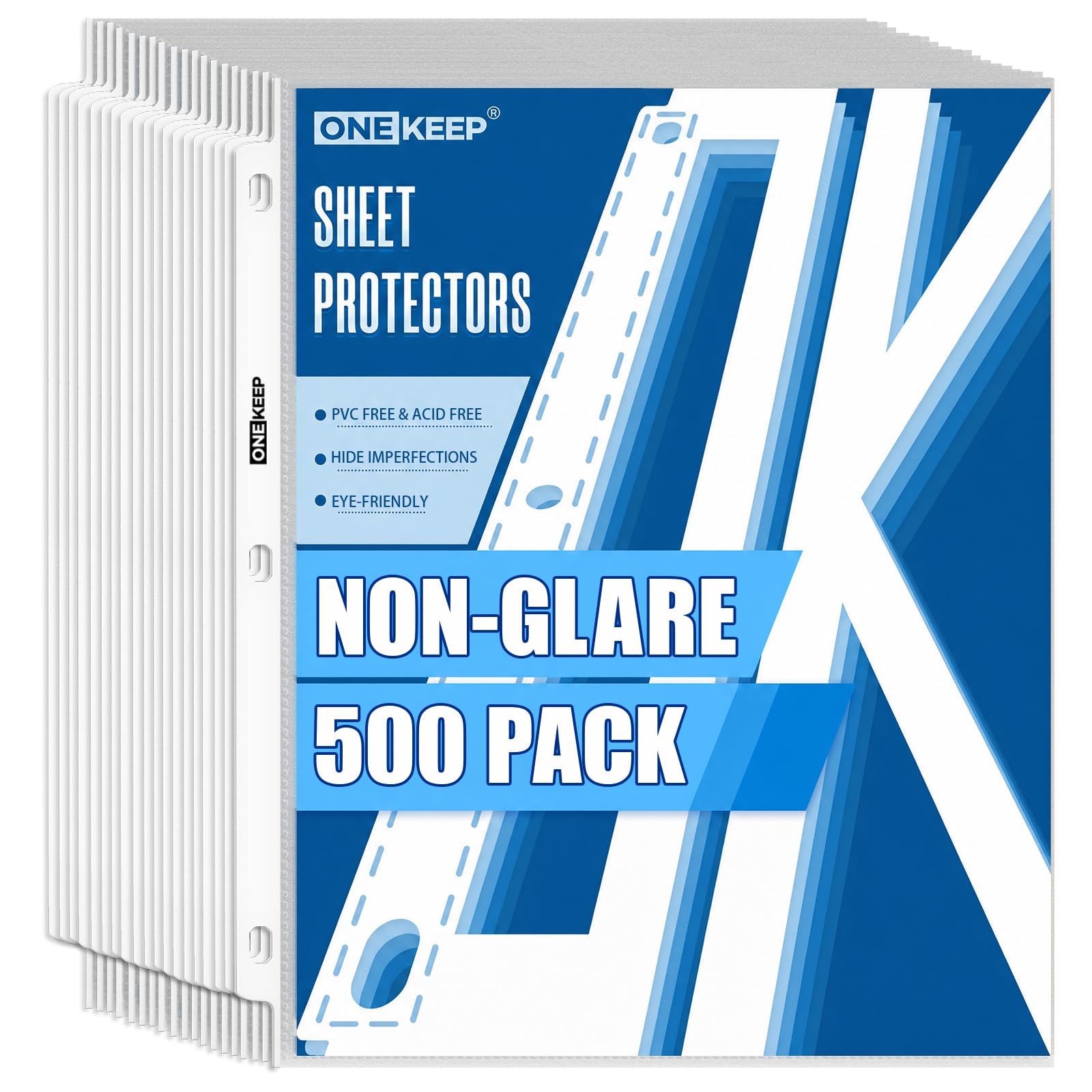 ONEKEEP 500 Pack Non-Glare Sheet Protectors, Top Loading for 3-Hole Page | Protectors for…