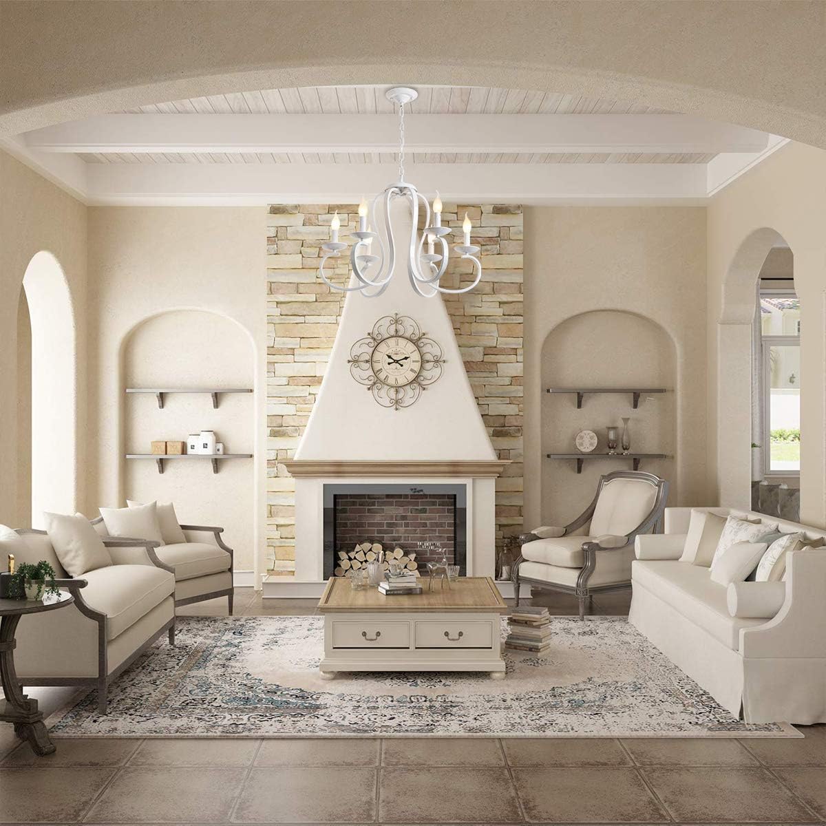 ❤ Crazy Deals Ganeed French Country Chandelier,6-Light White Candle-Style Chandeliers,Vintage Metal Pendant Chandelier Ceiling Pendant Lighting Fixture for Dinner Table,Island Kitchen,Living Room