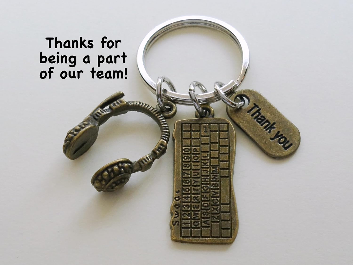 Bronze Computer Keyboard Charm Keychain with Headset Charm & Thank You Charm; Call Center, Secretary, Receptionist, Office Staff Employee Keychain