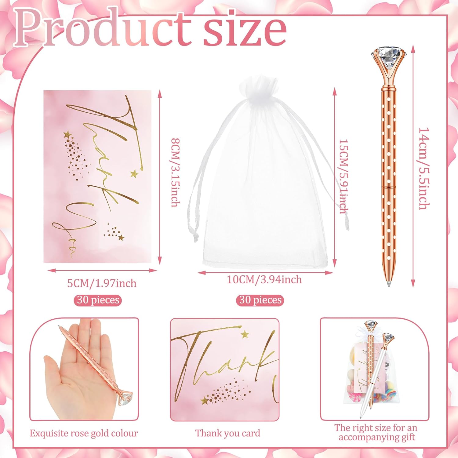 Yeaqee 91 Pcs Bridal Shower Pens Diamond Set 31 Wedding Crystal Pens 30 Organza Bags 30 Cards Bridesmaid Bling Metal Ballpoint Pen for Wedding Bridal Shower(Black, White, Rose Gold,Dot Style)