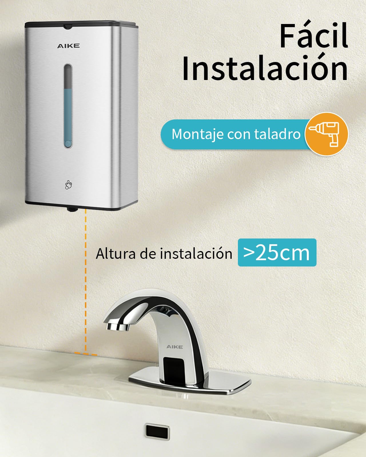 AIKE Dispensador De Jabón Espuma Automático, De Pared para Uso Comercial, 1000ML Acero Inoxidable para Jabón De Manos Espumoso, AK1207FA