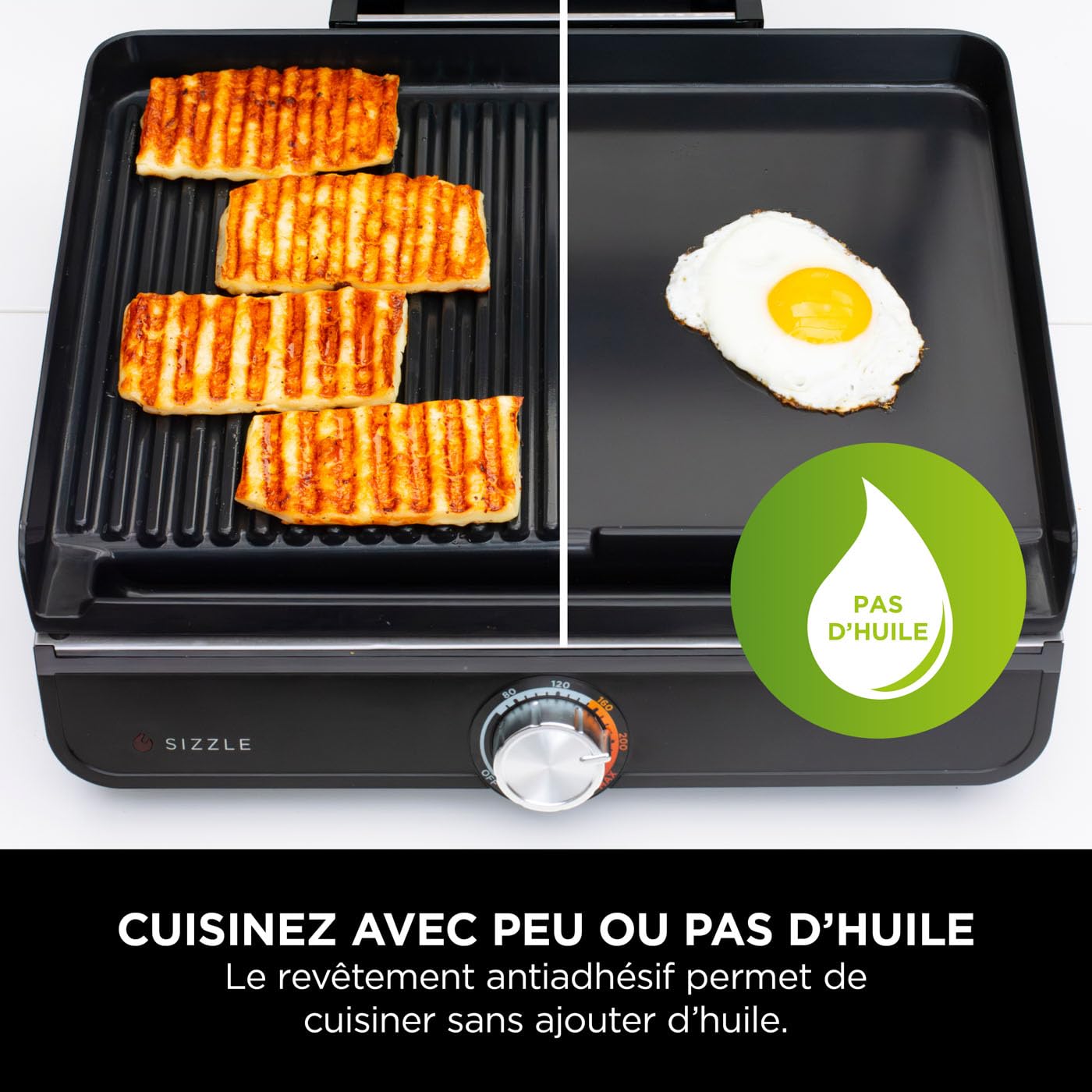 Ninja Sizzle Grill électrique d'intérieur, plancha GR101EU | avec plaque grill antiadhésive, couvercle compatible lave-vaisselle, collecteur de graisse, et guide de recettes