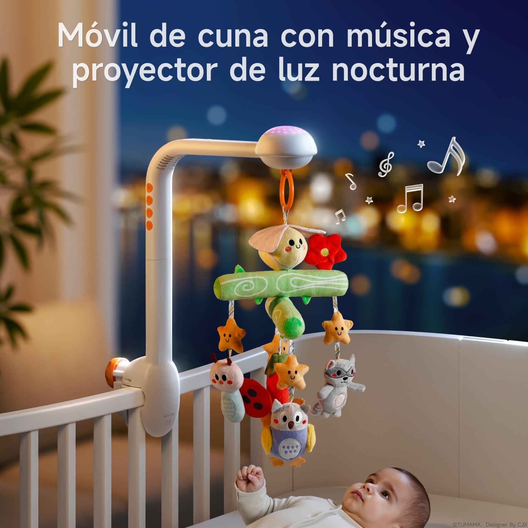 TUMAMA KIDS Movil Cuna Bebe con Música y Proyector de Luz, Carrusel Cuna Bebe para 0 3 6 9 Meses, Sonajero Juguete Sensorial para Recién Nacidos Regalo