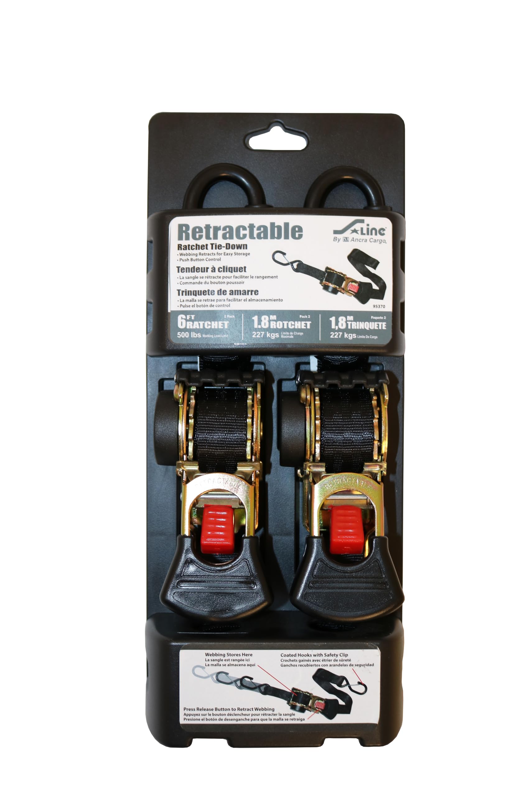 S-Line 95370 Roll-GP Spanngurt mit Ratsche, Push Button Kontrolle und beschichtetem S-Haken mit Sicherheit Clip, 1 x 1,8 m