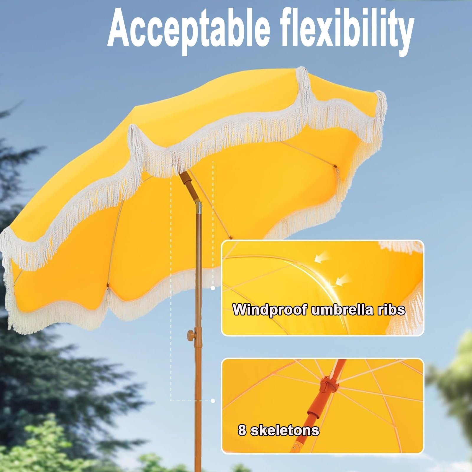 Solarny parasol z frędzlami, parasol na stół na zewnątrz, 8 solidnych żeber, nachylenie przycisku, łatwe podnoszenie korby, regulowana wysokość, na patio, ogród, podwórko