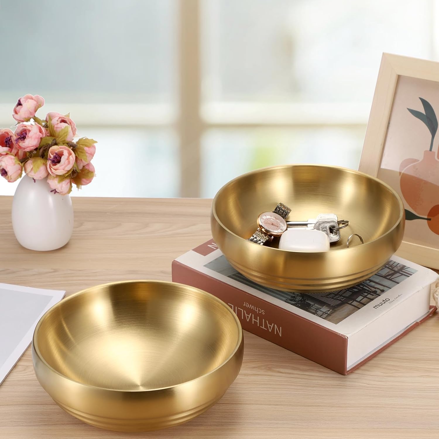 7.4" Gold Decorative Bowl - 2 Packs Key Bowls for Entryway Table Catchall Vintage Round Key Holder Bowl for Candy Fruit, Home Decor