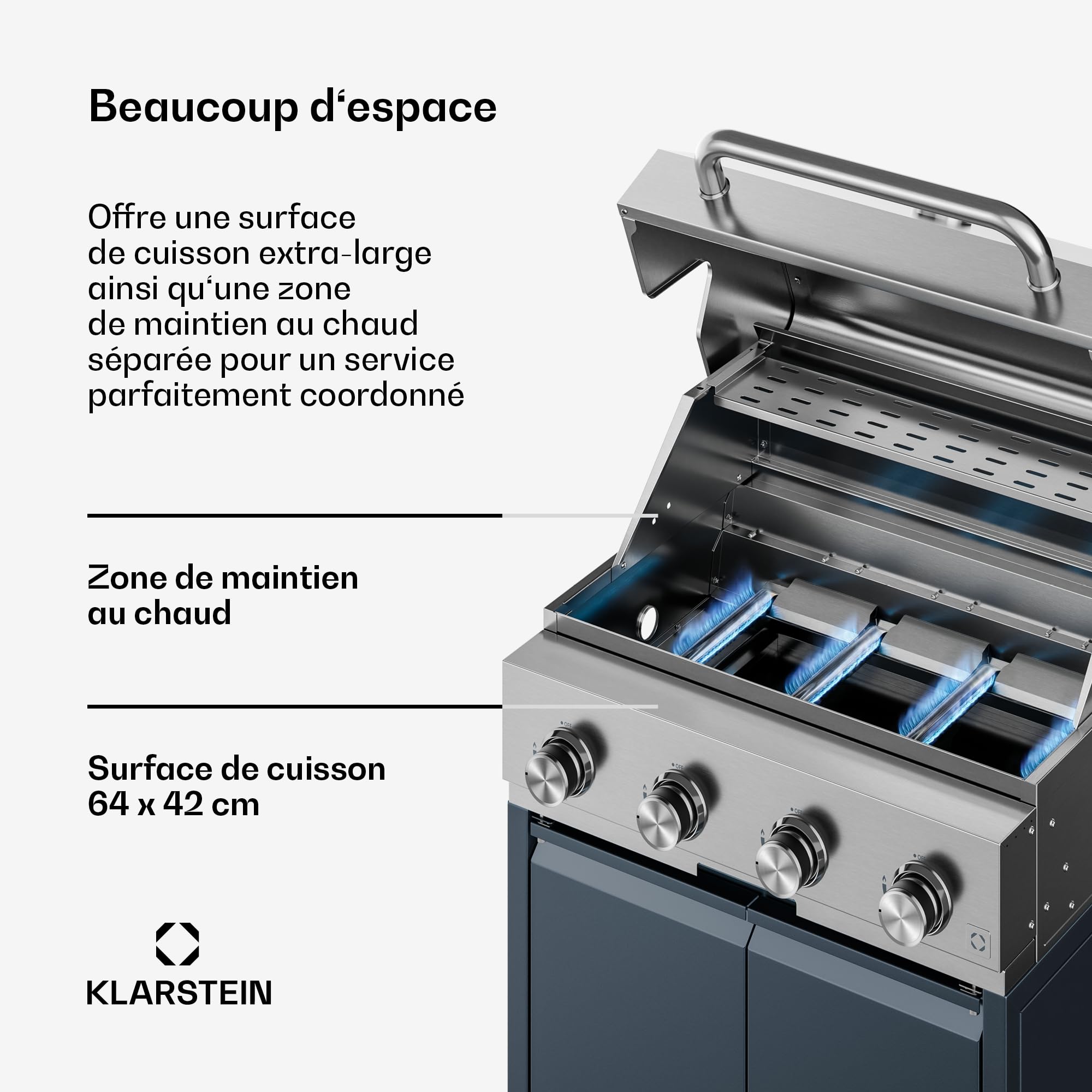 Klarstein WaldChef Barbecue à gaz 30 mbar - Barbecue Gril 4 Brûleurs 12800 W, acier inoxydable, grille en fonte, thermomètre, allumage piézoélectrique