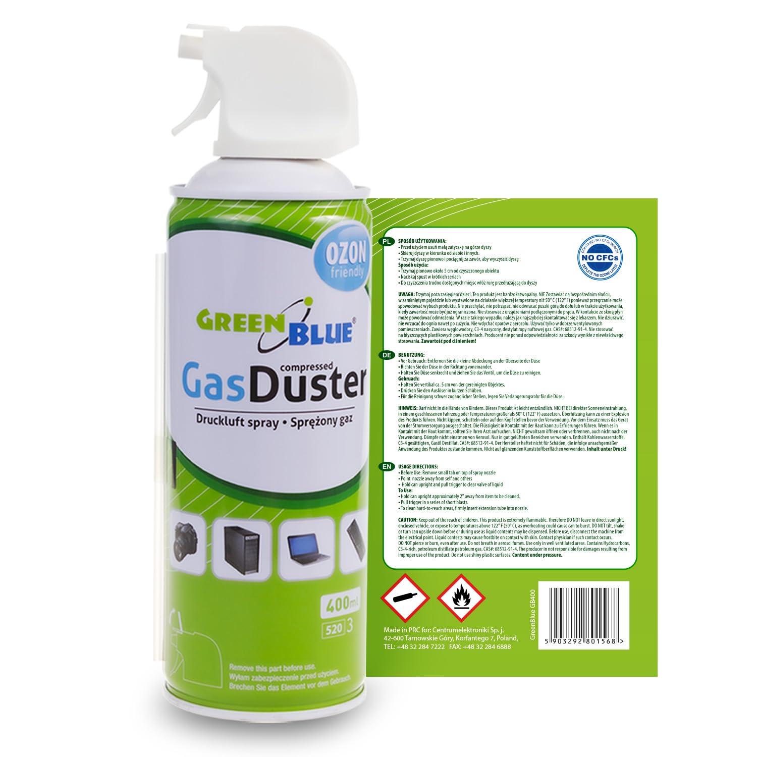 Green Blue Druckluftspray Set 24 x 400ml | Air Duster mit Pistolen-Zerstäuber & Sprühröhrchen | FCKW-frei zur kontaktlosen Reinigung von Elektronik Tastaturen Kameras u.v.m.