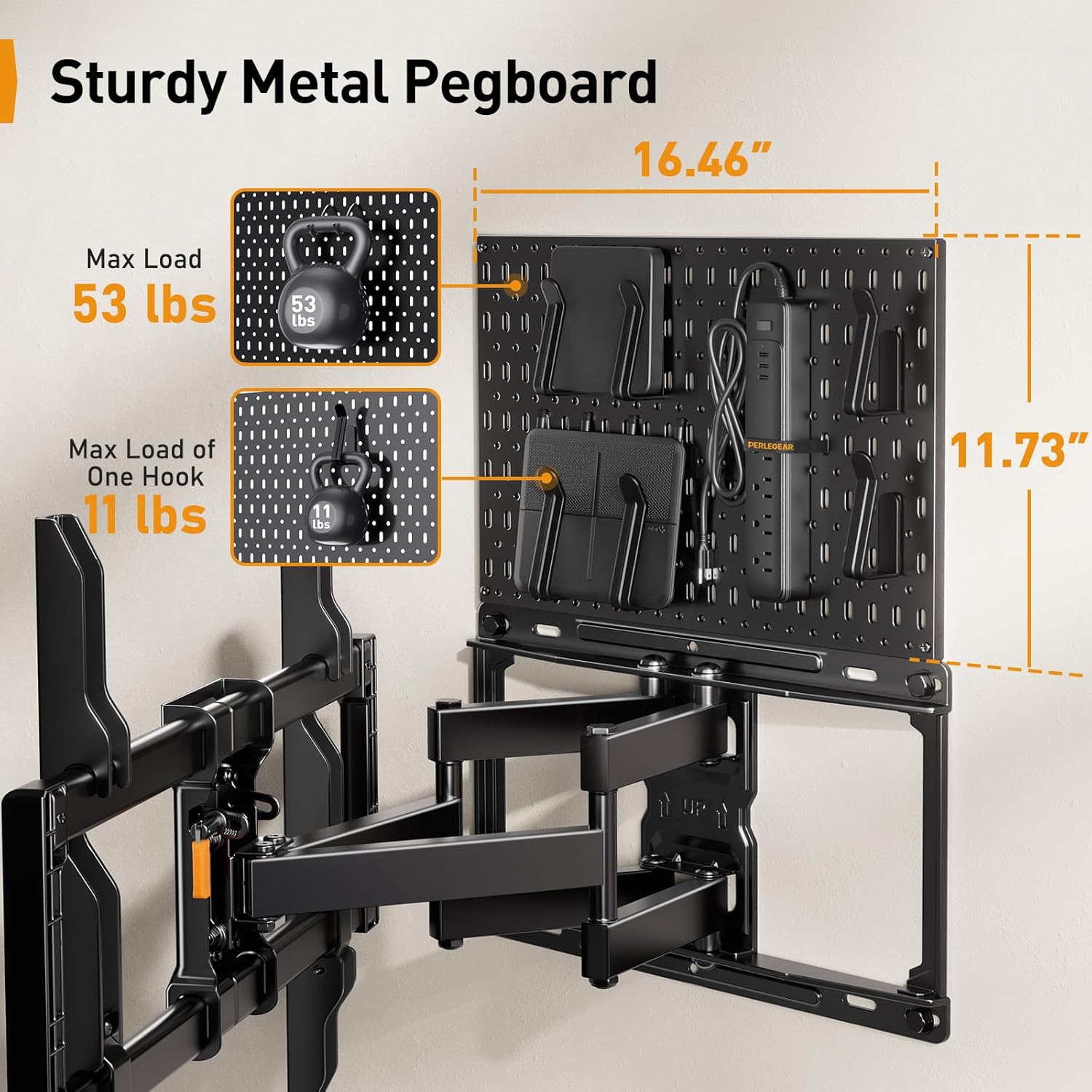 PERLEGEAR Full Motion TV Mount with Metal Pegboard for Most 42-84 inch Flat or Curved TVs up to 132 lbs, TV Wall Mount with Swivel & Tool-Free Tilt, Max VESA 600x400mm, Fits 12″/16″ Wood Studs, PGLF17