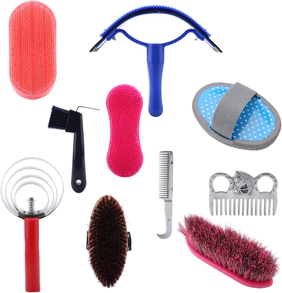 Hästvårdsset med borstar och verktyg