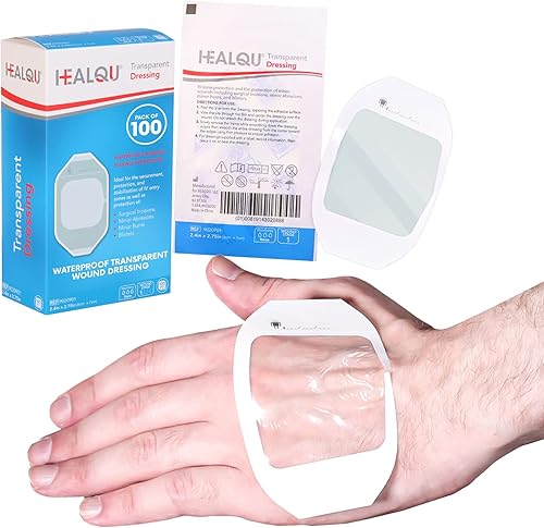 Healqu - Apósito de película transparente, 2.3 x 2.75 pulgadas, paquete de 100 parches adhesivos impermeables para heridas, ducha posquirúrgica o