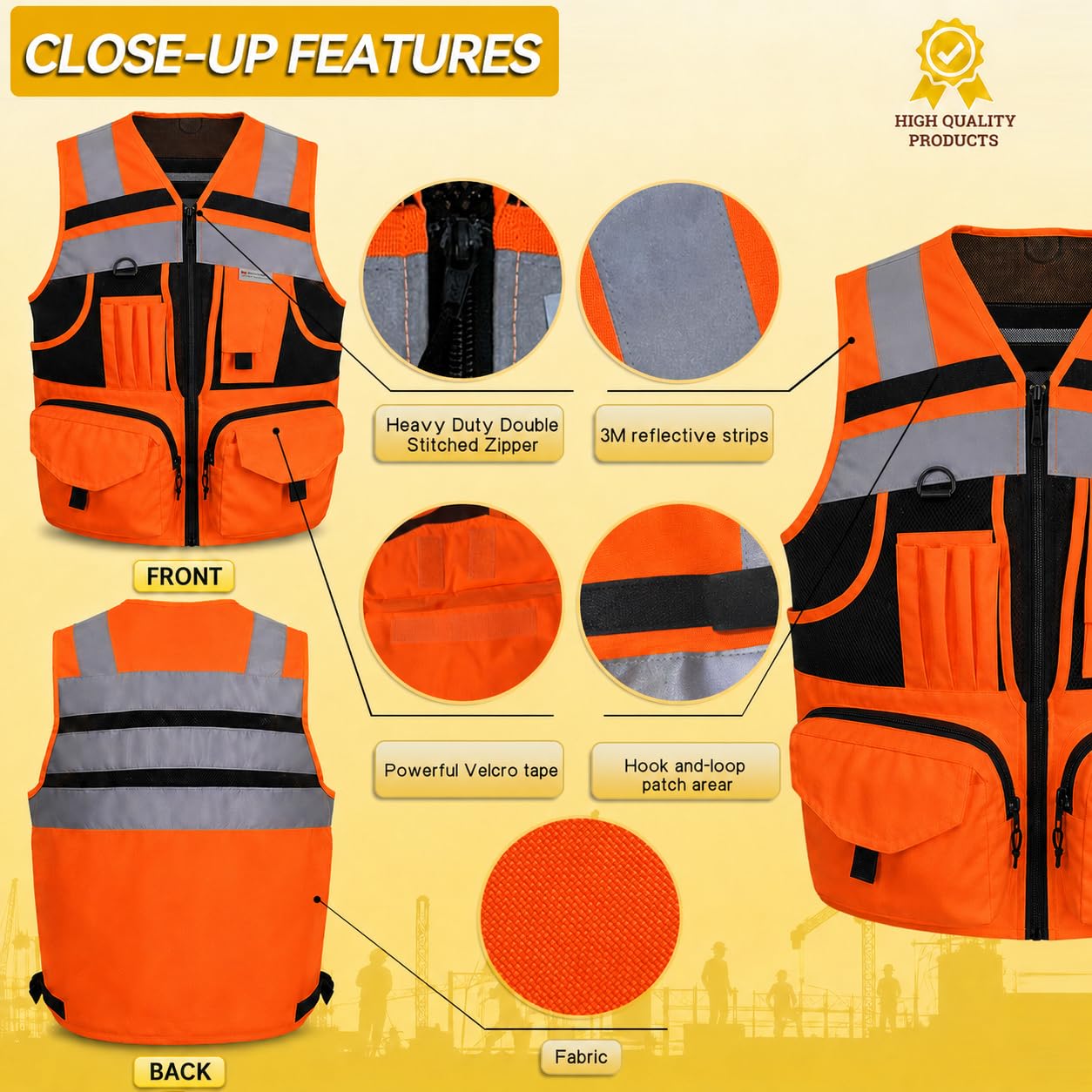 Chaleco de seguridad reflectante de 3M Hi-vis amarillo con 10 bolsillos para hombre y mujer.