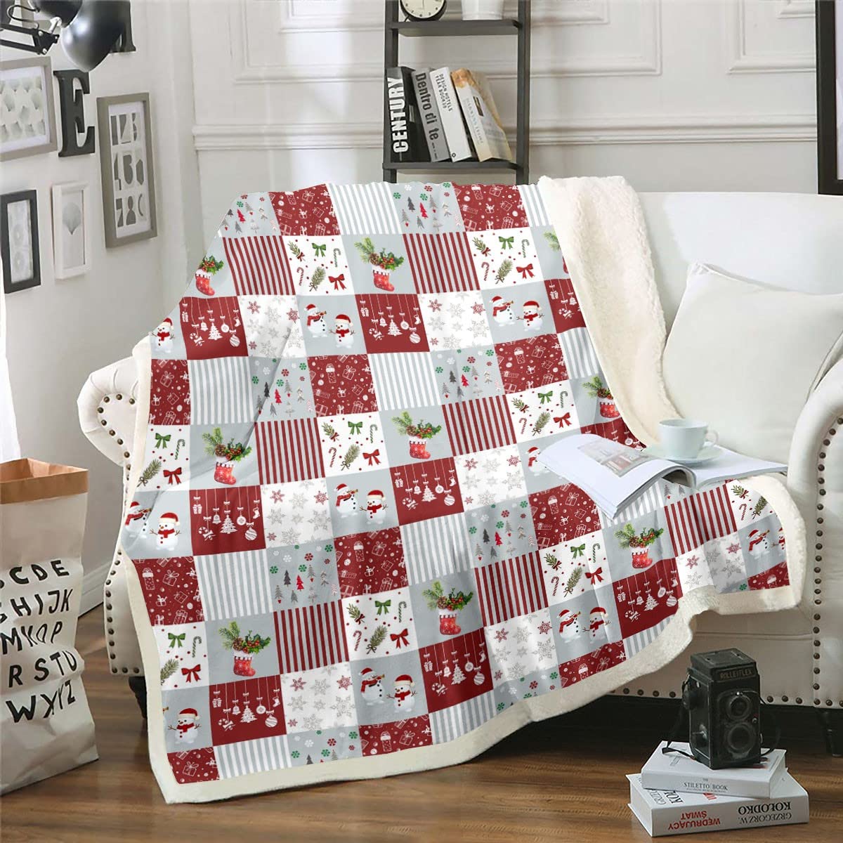 Manta de Navidad, 229x229 cm, color rojo, gris, blanco, parche de forro polar, copo de nieve, muñeco de jengibre, muñeco de nieve, manta difusa para niños, niñas, manta geométrica, a cuadros