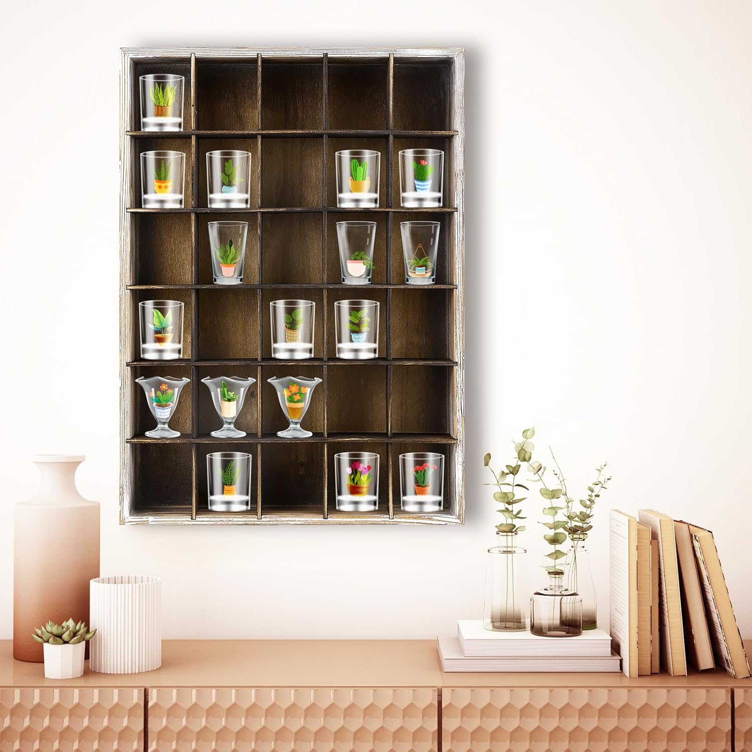 2 Pcs Shot Glass Display Case, Retro Wooden Shot Glass Shelf with Removable Shelves, Wall Mounted Shadow Box Thimble Display Case, 30 Slots