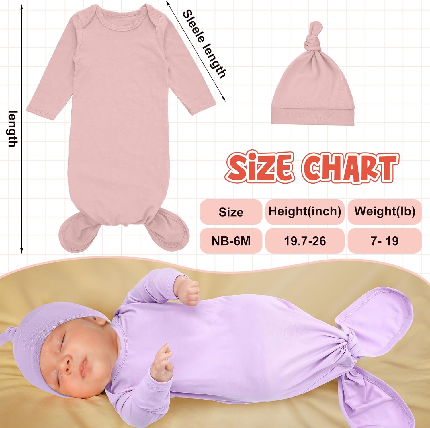 Cuffbow 6 Packs Newborn Baby Knotted Gowns Set 0-6 Months Cotton Sleeper Long Sleeve Nightgown and Hat Set for Infant Baby - Image 3