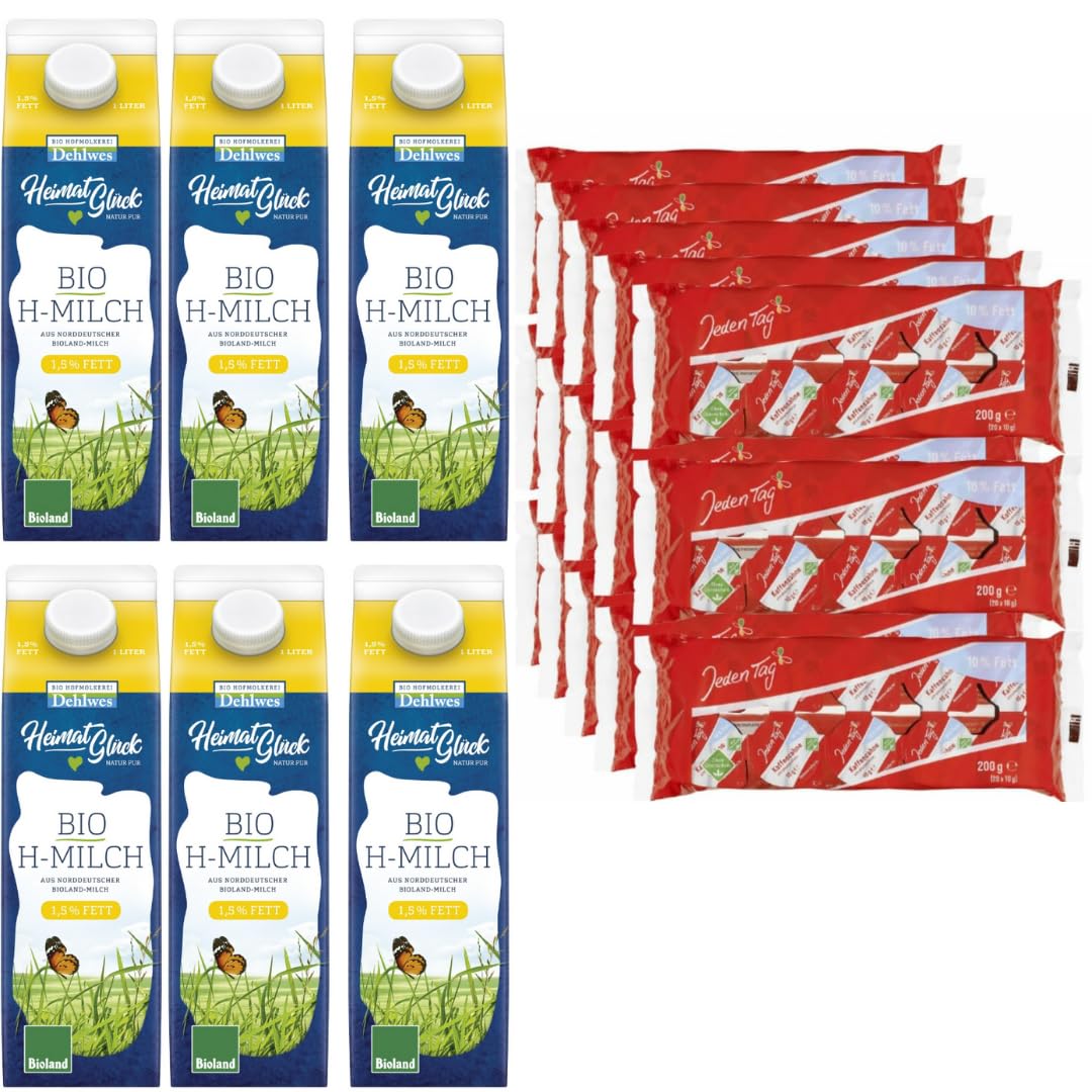 Dehlwes H-Milch 1,5% Fett 1000 Mililiter x 6 Stück + Jeden Tag Kaffeesahne 10% 20 Stück x 10 gramm x 15 Packungen