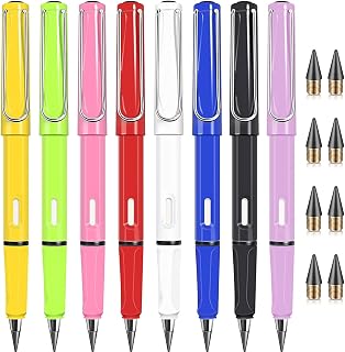 Everlasting Inkless Pencils 8 Pcs Infinity Pencil Reusable Forever Pen Replaceable Metal Cool Pencil with Rubber for Kids Adults Students Artist Writing Drawing Drafting Home Office School