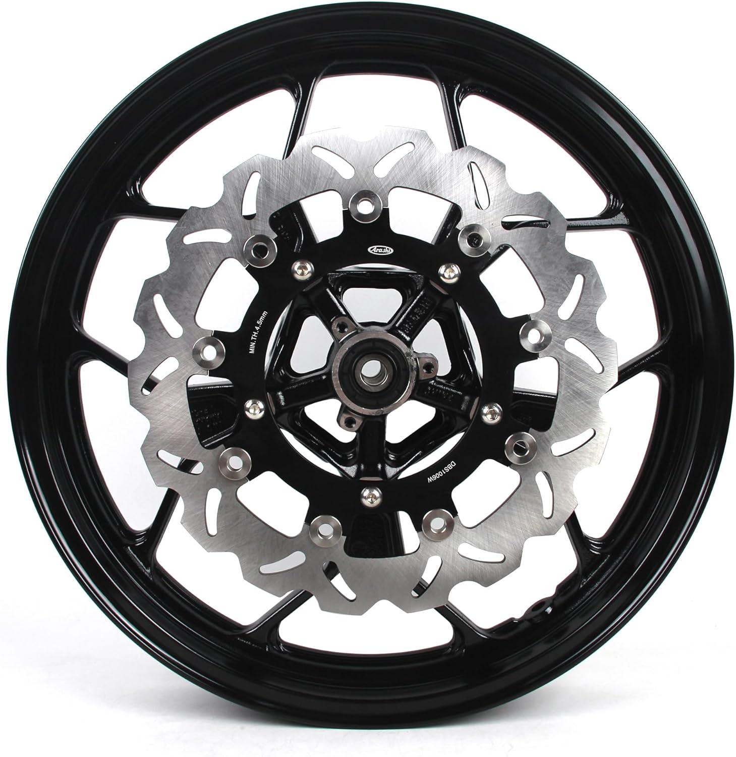 Gloss Black Front Wheel Rim and Brake Disc Rotor Compatible with Yamaha YZF R3 R25 2015-2024 ABS include, MT03 MT25 2015-2024, Motorcycle Replacement Accessories Parts