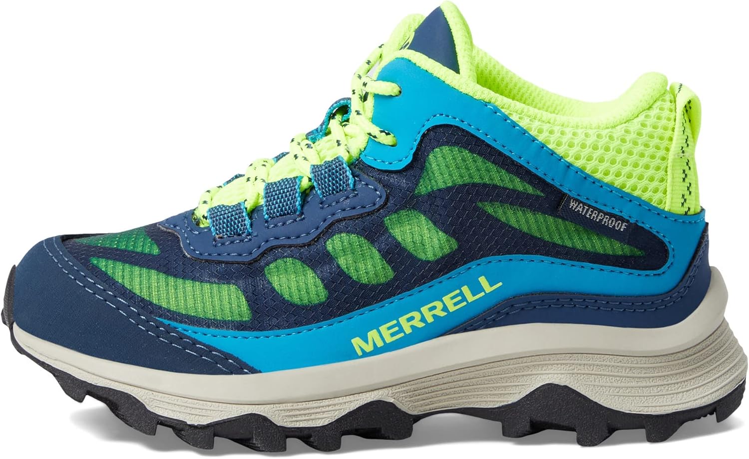 Merrell Moab Speed Mid Waterproof Hiking Boot, Navy/HI VIZ, 1 US Unisex Big Kid