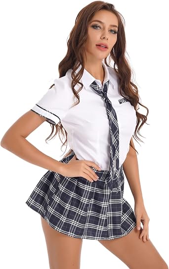Womens Schoolgirl Japanese Uniform Set Roleplay Outfits Short Sleeve Shirt with Plaid Skirt and Tie