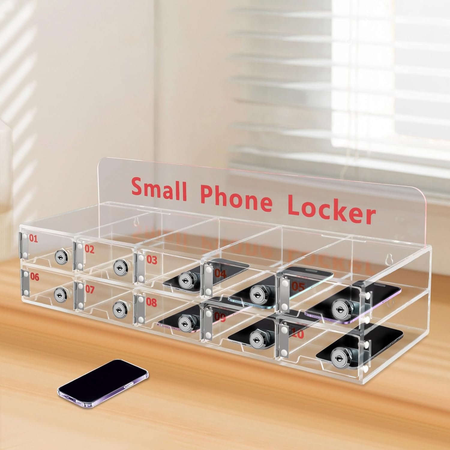 Mobile Phone Storage Box Transparent Acrylic Mobile Phone Security Locker with Key,10-Slot Wall-Mounted Cell Phone Locker - Acrylic Storage Cabinet with Lock & Keys, Clear Mobile Device Orga
