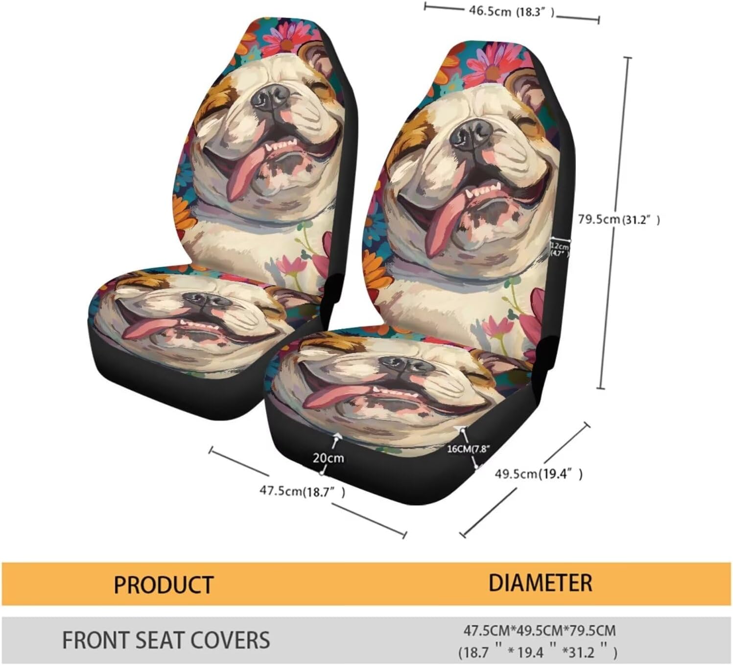 Talayituse Britain Bulldog Print Car Seat Covers 2pcs/Set High Back Stretchy Bucket Seat Cover Auto Protector Front Seats Cover