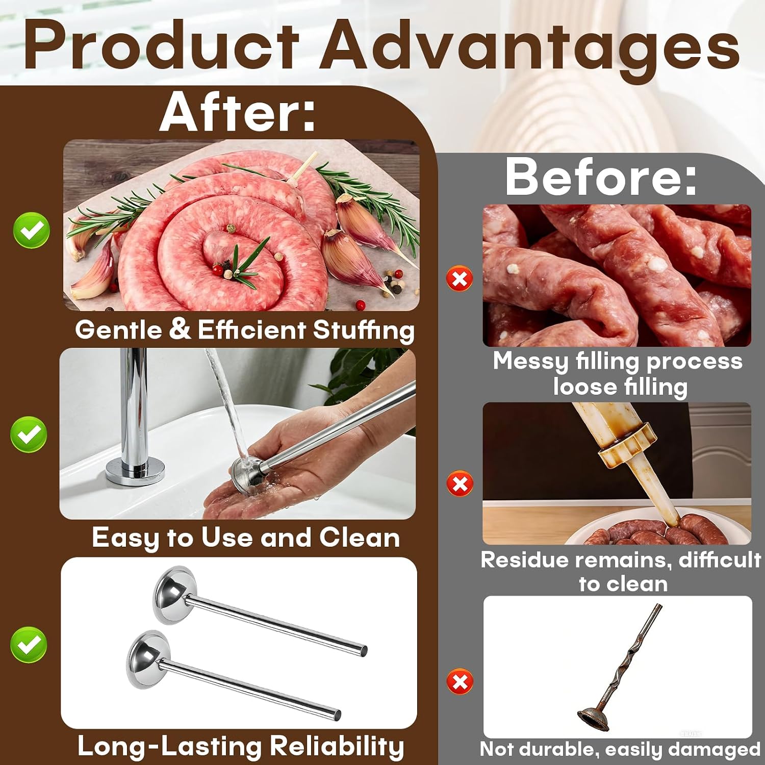 2-Pack 10mm Stainless Steel Sausage Stuffing Tubes for #5 Sausage Stuffer
