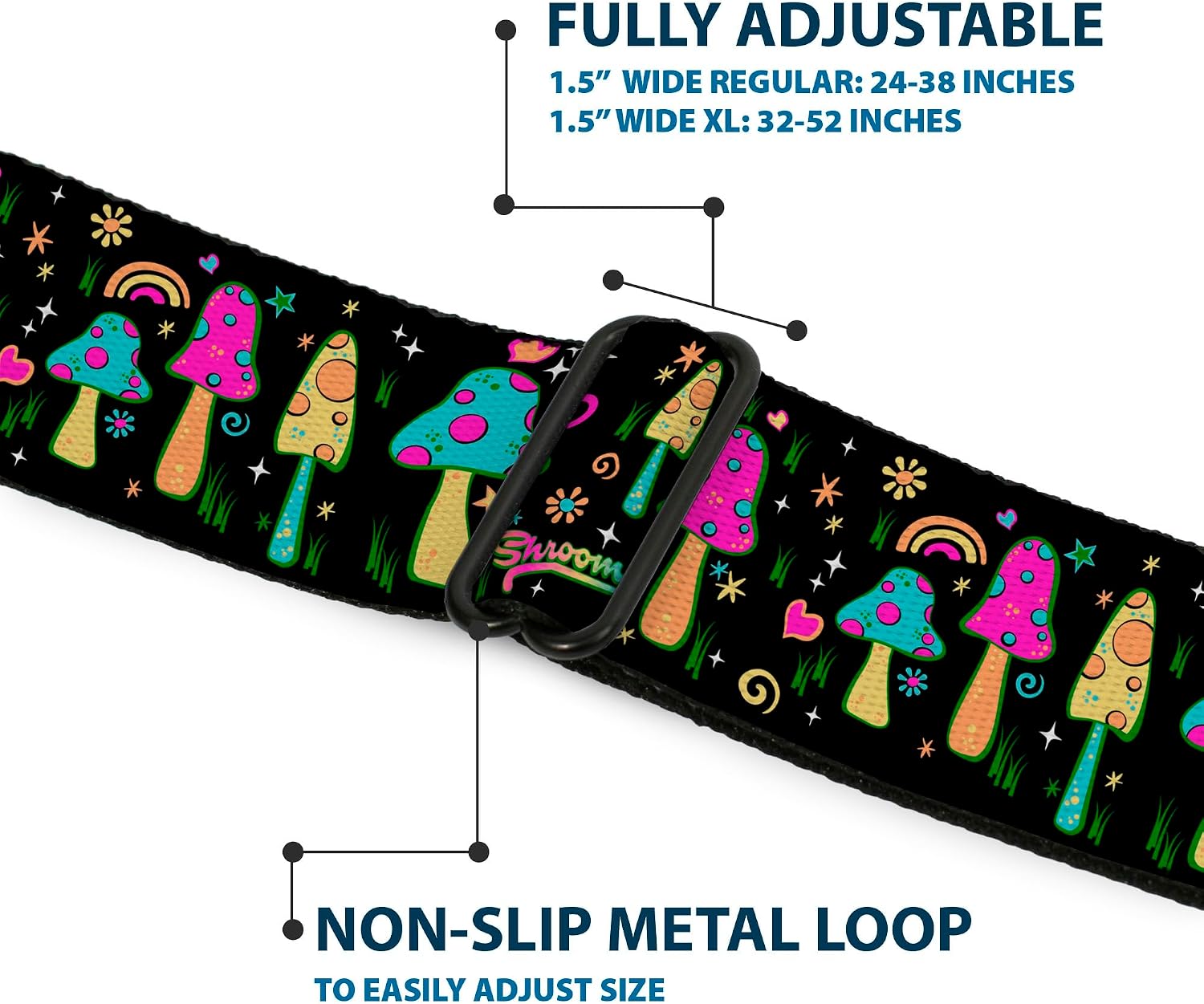 Buckle-Down Belt, Seatbelt Buckle Belt, Mushroom Shroomy Garden Black Multi Color, Adjustable