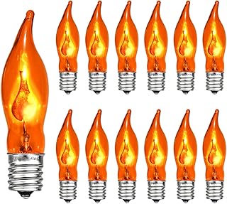SOTOPOO 12 Count Halloween Flickering Flame Lights Bulbs - Orange Flame Shaped, E12 Flickering Flame Bulb / C7 Orange Light Bulbs, for C7 String Lights, Candelabra, Electronic Candle Light Bulbs - 1W
