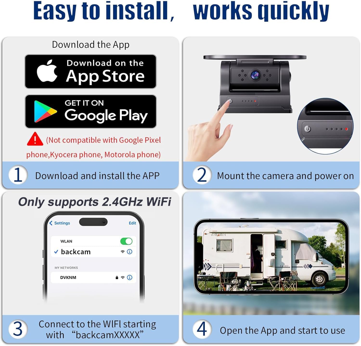 WiFi Magnetic Solar Wireless Backup Camera, 10000mAh Rechargeable 1080P Rear View Camera for Truck RV Trailer Car, DVR Recording Night Vision, IP68 Waterproof, Easy Installation