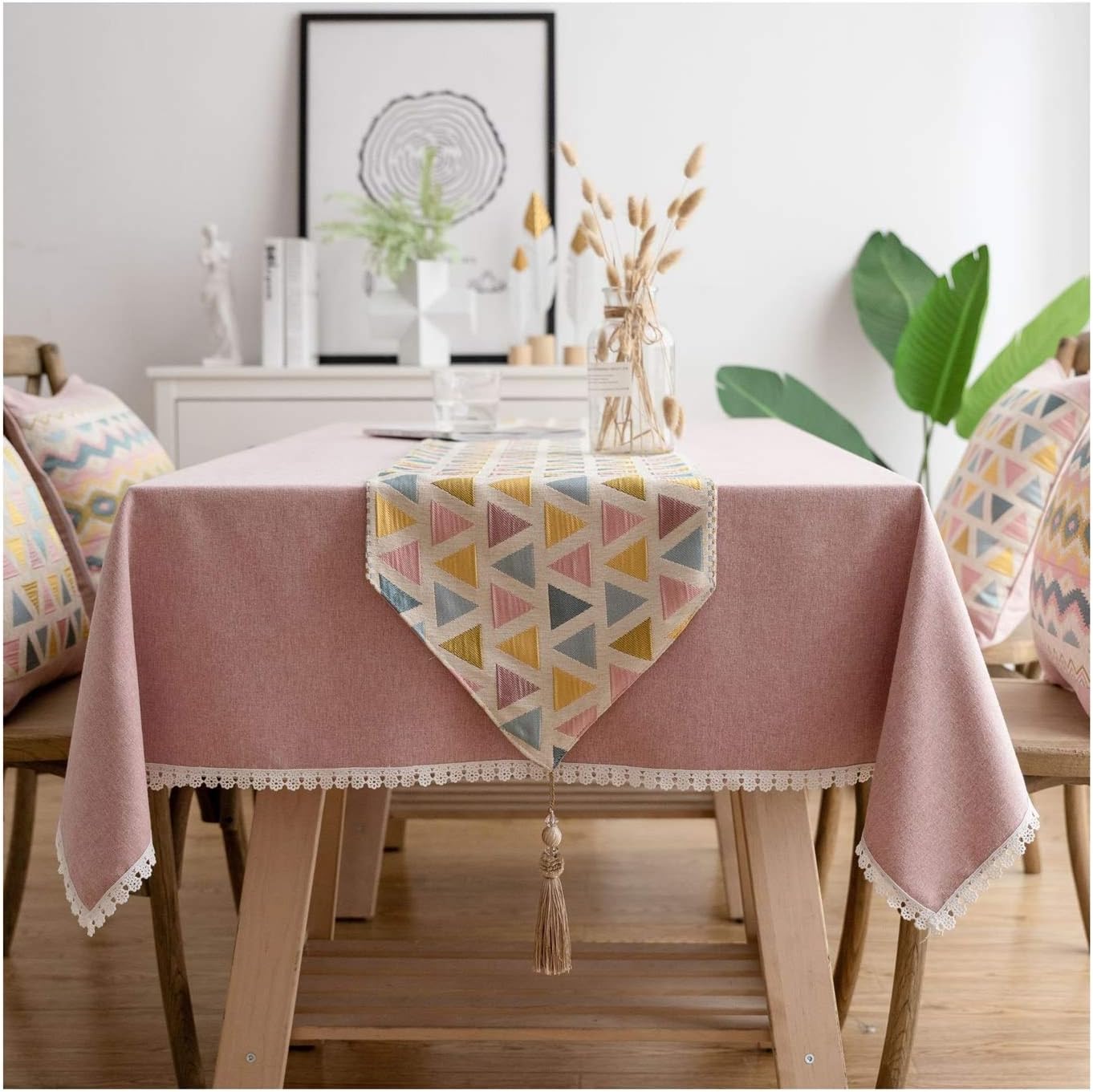Autumn Table Runner,32x140CM,Jacquard Triangle Autumn Table Runner Polyester,Table Runners Pink