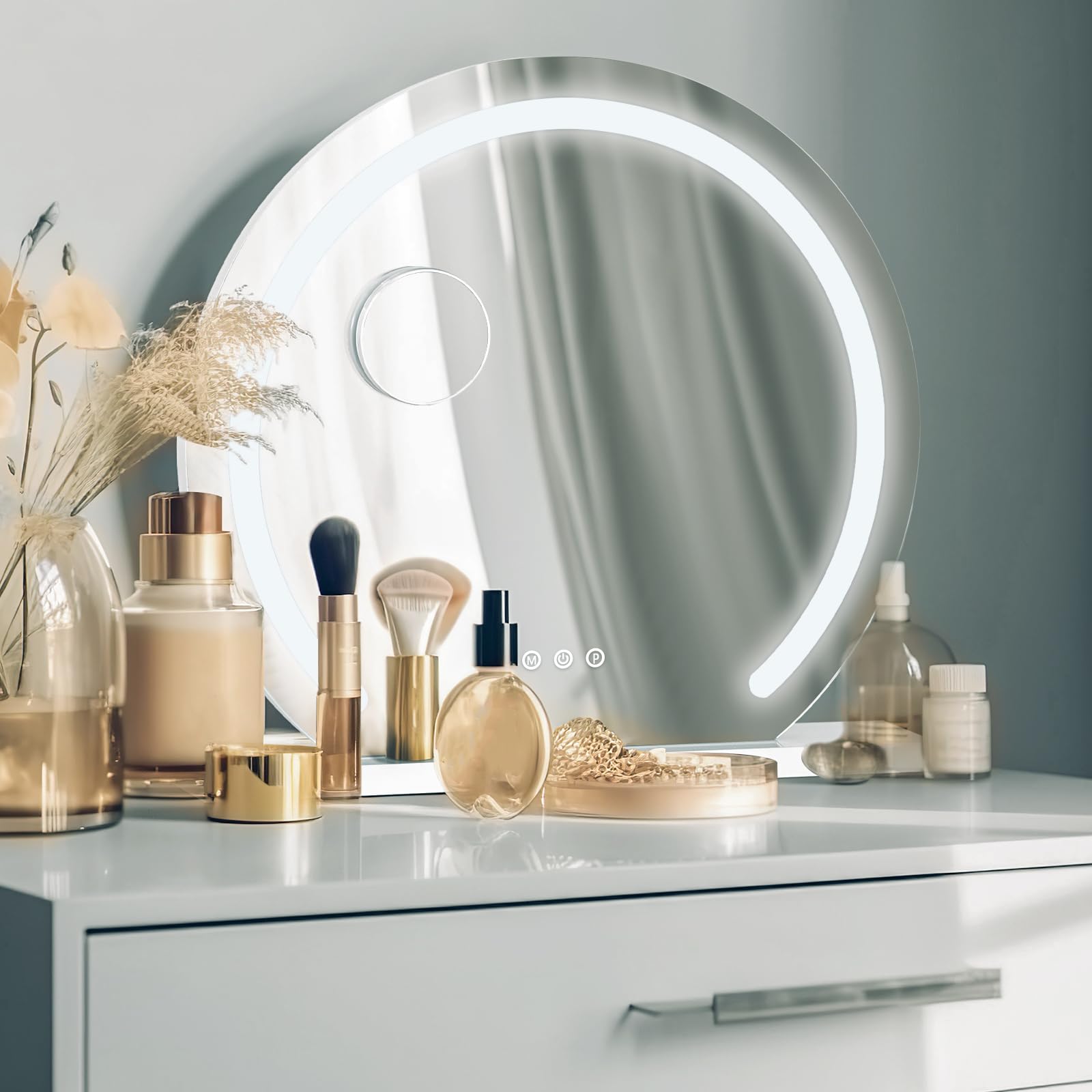 YU YUSING Hollywood Makeup Mirror with Light, 50 x 48 cm, 3 Adjustable Lighting Modes, Round Vanity Mirror, Table Mirrors, USB, 10x, Vanity Mirror Bedroom Dressing Table, Touch Controls, White