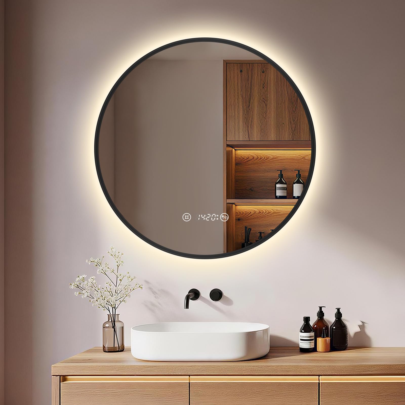 Miroir salle de bain éclairage cadre noir IP65 luxe S'AFIELINA
