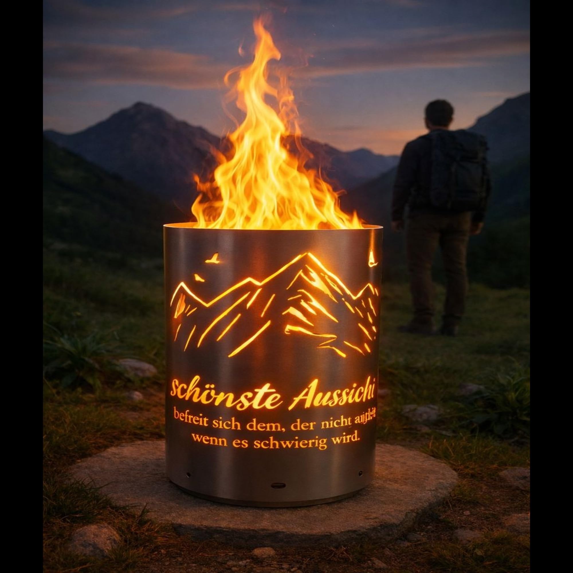 TiKo-Design® Feuertonne Feuerkorb mit Berge Motiv & Spruch