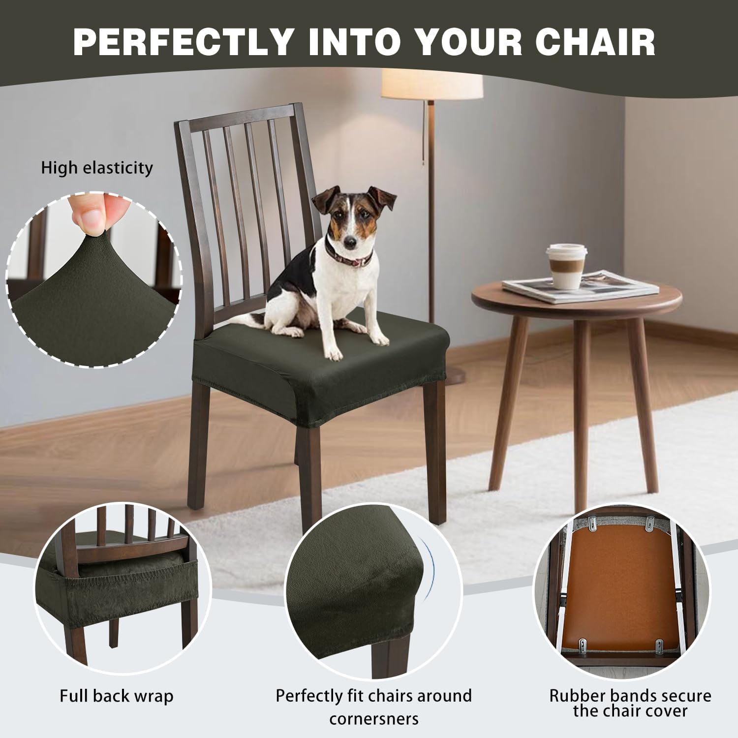 Dining Chair Seat Covers Set of 4, Stretch Velvet Chair Seat Slipcovers Protector, Removable Washable Kitchen Chair Covers for Dining Room Chairs (Set of 4, Military Green)