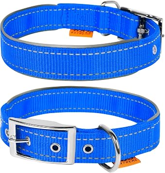 COLLAR Nylon Reflective Dog Adjustable Dog with Metal Buckle - Heavy Duty Small Medium Large Dogs Puppy - Red Blue Black Safety Plus L 18" - 22" Neck, Blue