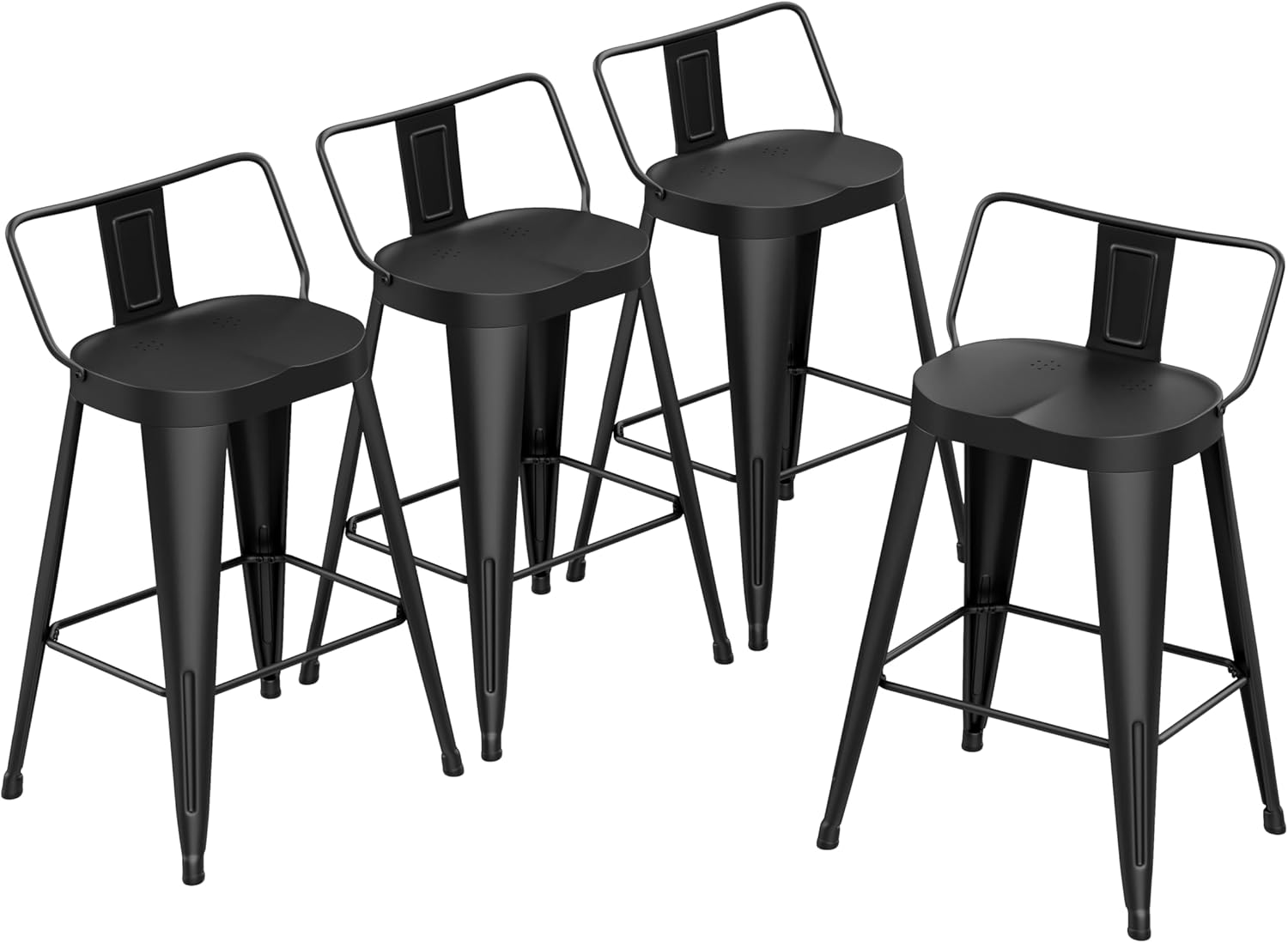 Metal Bar Stools Set of 4, 24 inch Black Barstools with Back Large Seat Kitchen Island Farmhouse Counter Height Stools
