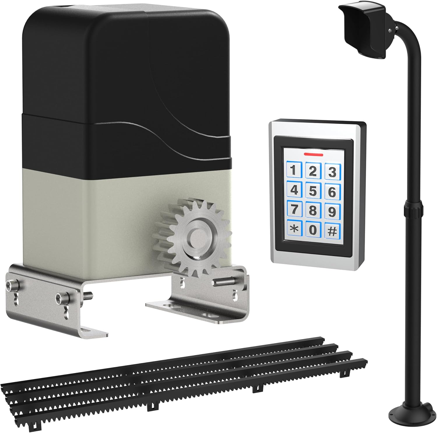 Blütezeit MJ-300 Sliding Gate Opener with 13.12ft Nylon Gear Racks, Wired Keypad with 2 RFID Cards & Black Keypad Post – 900lb AC Gate Motor with Multi-User Access Control