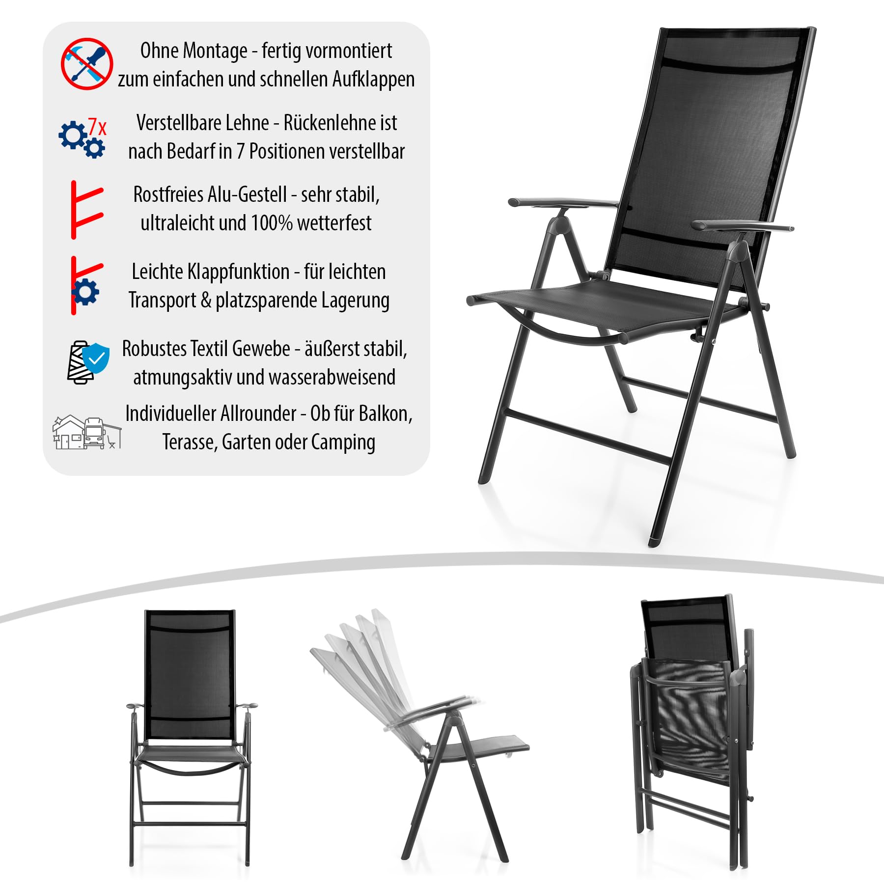 4 Stück Gartenstühle 120 kg belastbar - hochwertige Balkonstühle - Gartenstuhl Klappstuhl mit 7-fach verstellbarer Rückenlehne - Campingstuhl für Balkon, Garten & Terrasse - dunkelgrau/schwarz