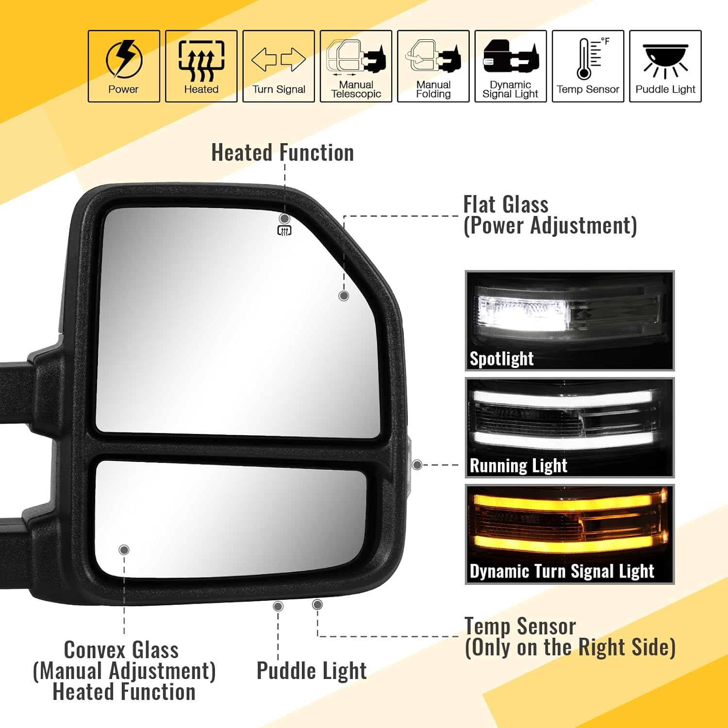 Towing Mirrors for 2015-2020 F150 Ford Tow Mirrors with Sequential Turn Signal & Running Light Heated Power Glass Temp Sensor No BSM Pair Set White Lens, Unpainted Black
